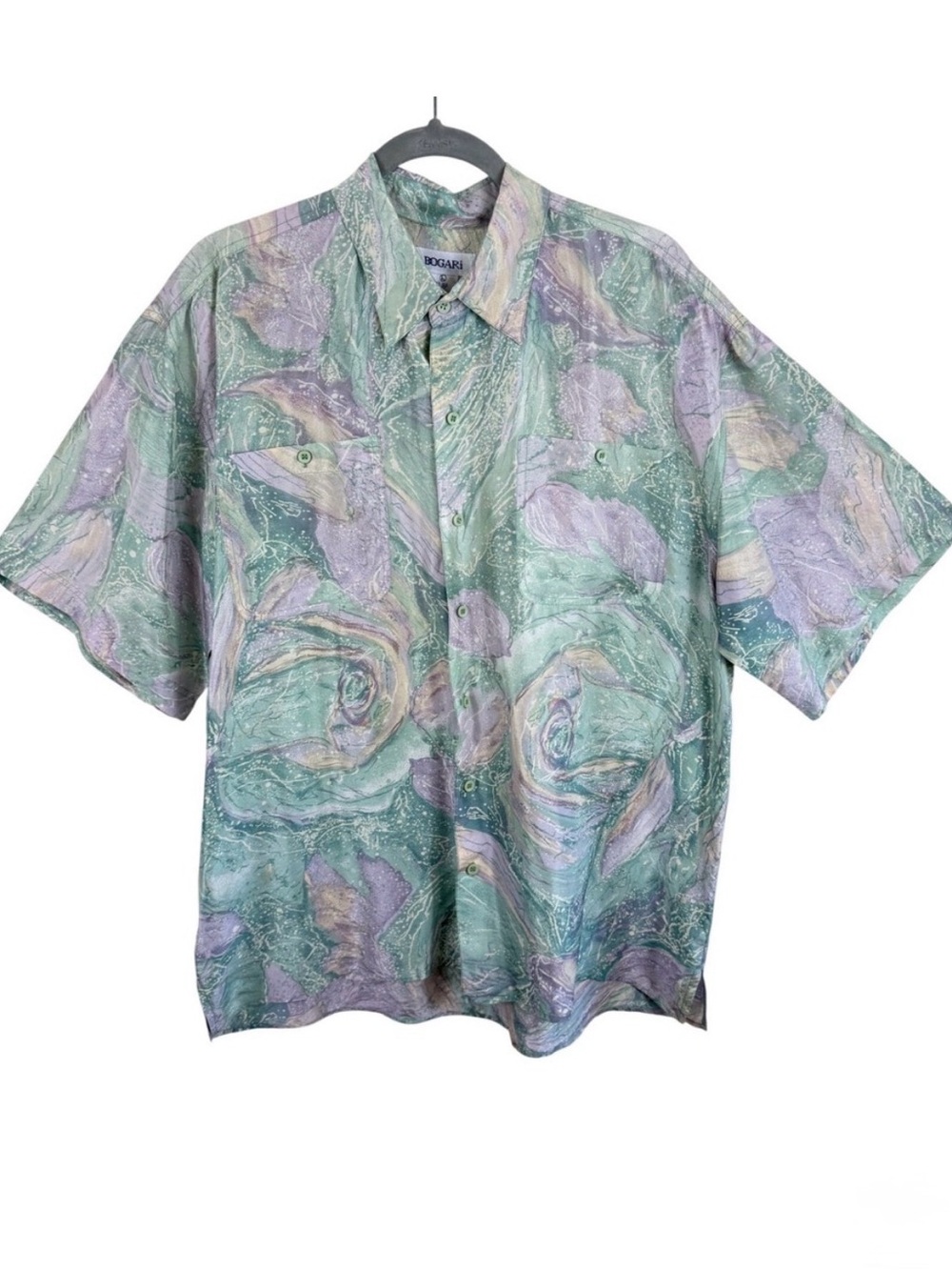 Bogari Mens Large 100% Silk Abstract Marble Print Short Sleeve Button Down Shirt